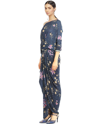 Georgette Draped Dress- Navy