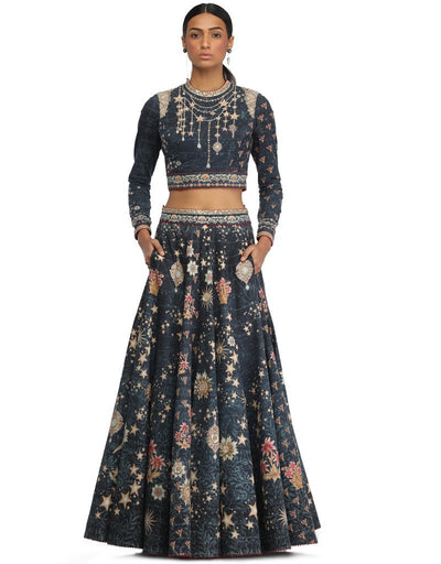 Panelled Khadi Lehenga- Blue