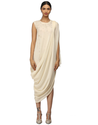 Chikankari Draped Dress- Ivory