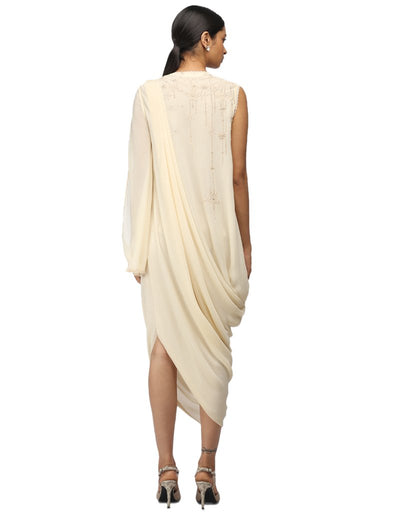 Chikankari Draped Dress- Ivory