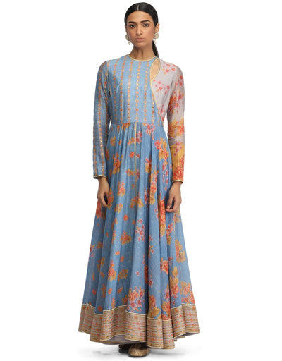 Circular Anarkali with Angrakha Style Neckline- Blue