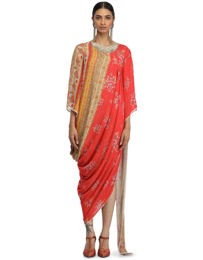 Draped Dress with Mural Print- Red