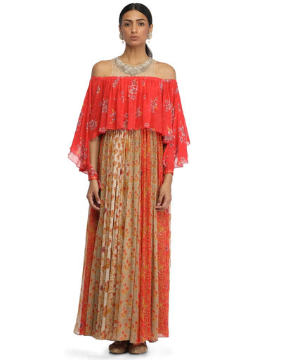 Cold Shoulder Panelled Dress- Red