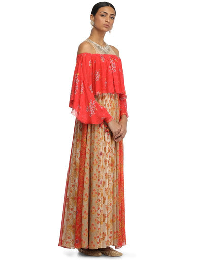 Cold Shoulder Panelled Dress- Red